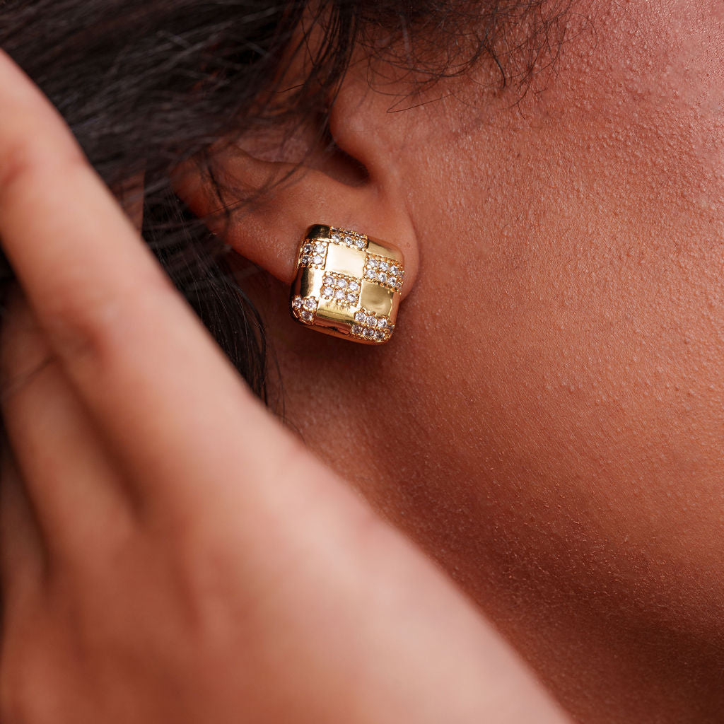 Tikkhu Checkmate Studs, gold square checkerboard stud earrings with cubic zirconia