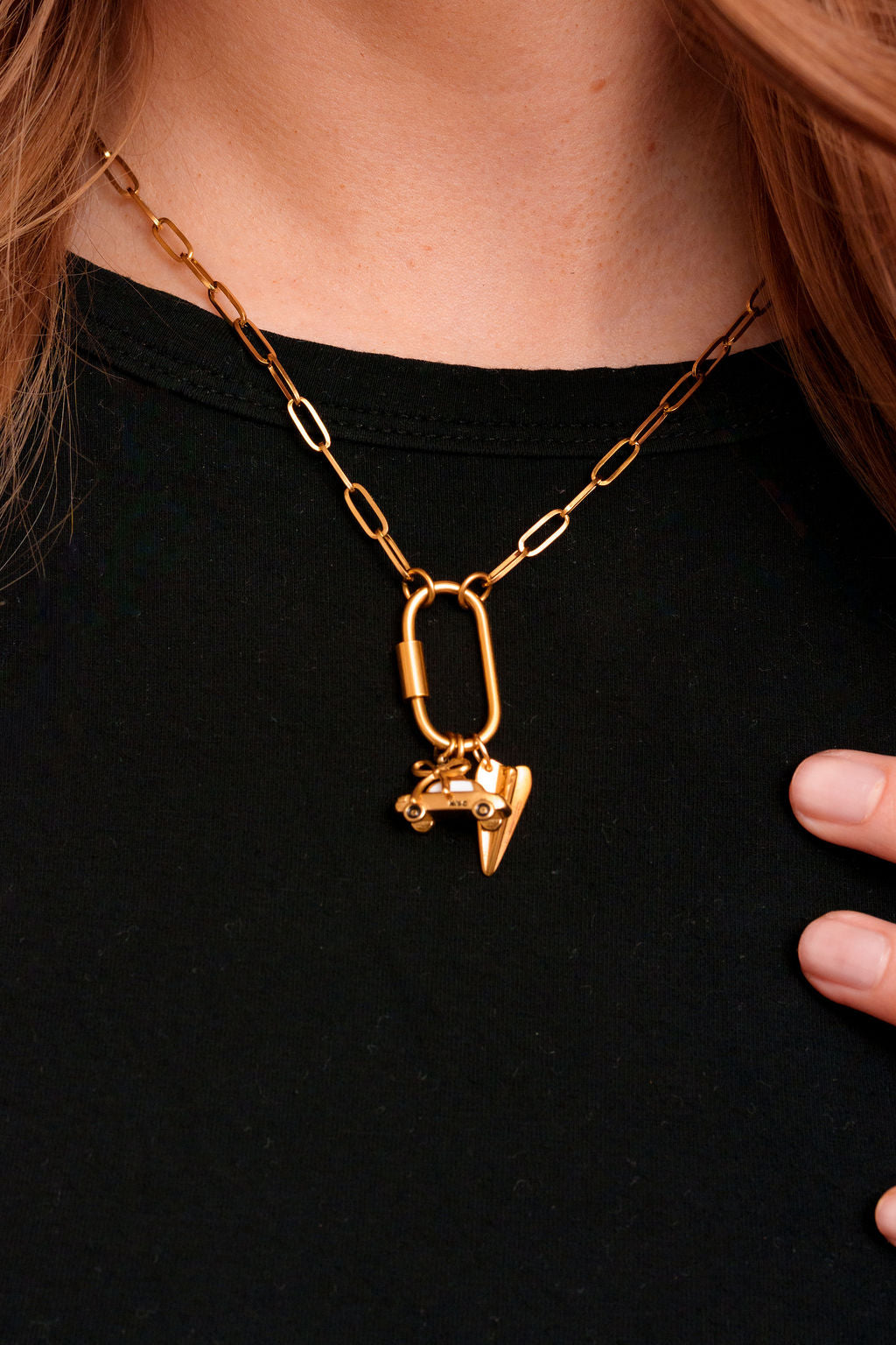 Arlo Carabiner Necklace styled with charms by Tikkhu