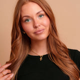 Jules gold filled carabiner necklace worn on model