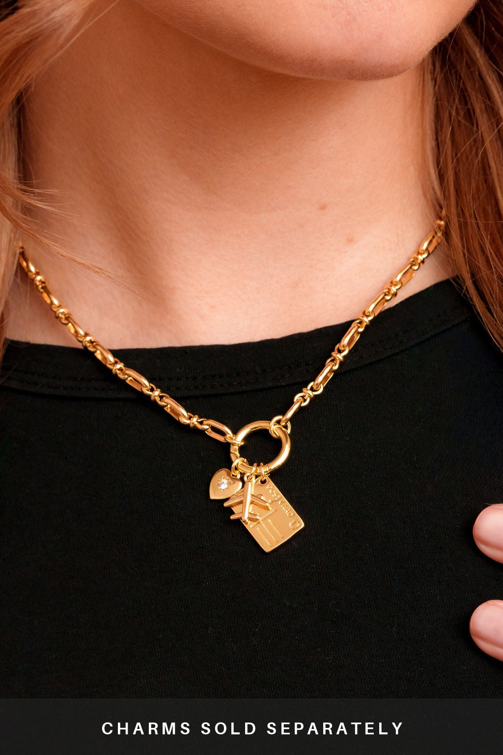 Lennon Carabiner Necklace on a model with charms. Charms sold separately