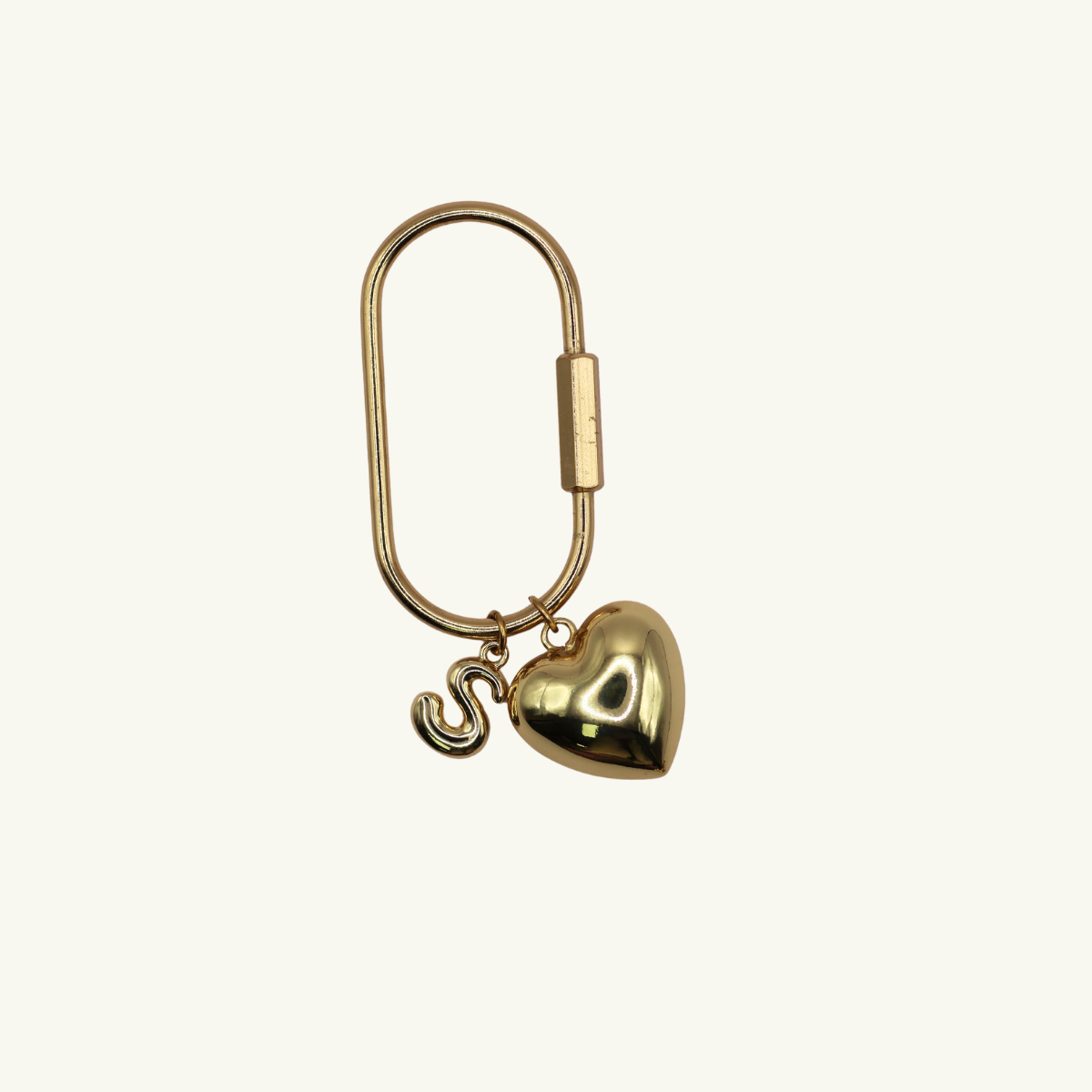 Lovepuff XL brass monogram carabiner with bubble letter and heart by Tikkhu