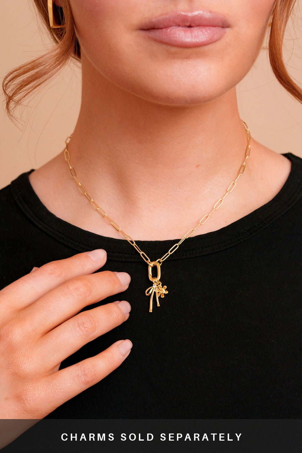 Marlow Mini Carabiner Necklace on a model with charms. Charms sold separately