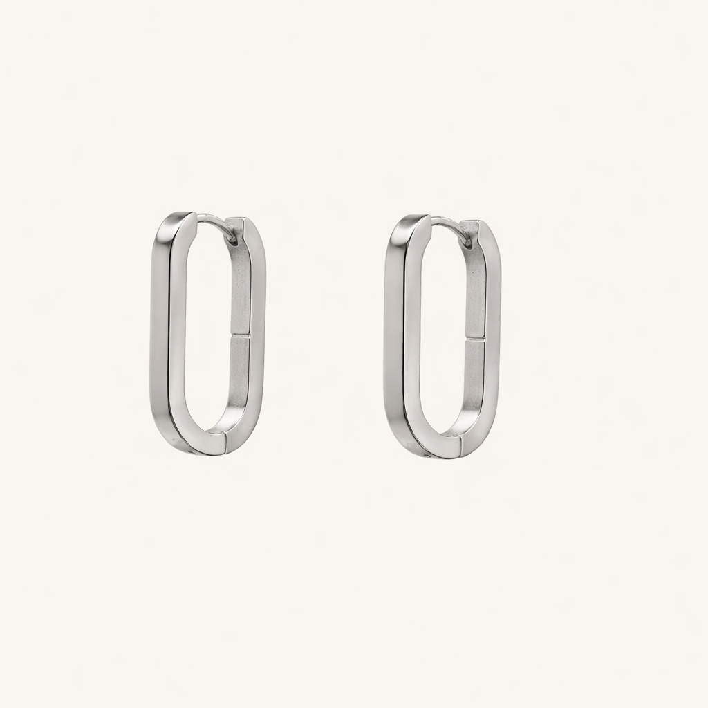 Silver rectangle hoop earrings by Tikkhu