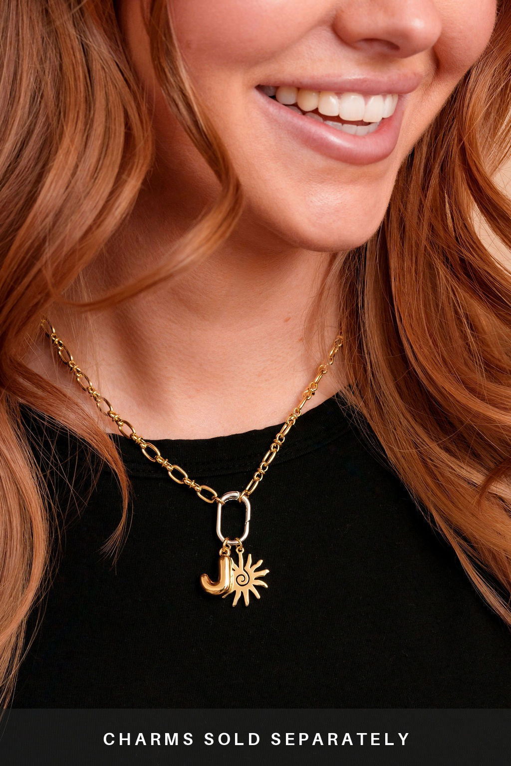 Roux Duo Carabiner Necklace on a model with charms. Charms sold separately